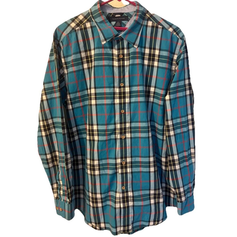 Tommy Hilfiger Men's Classic Fit Flannel Plaid Button-Down Shirt Blue L 100% Co